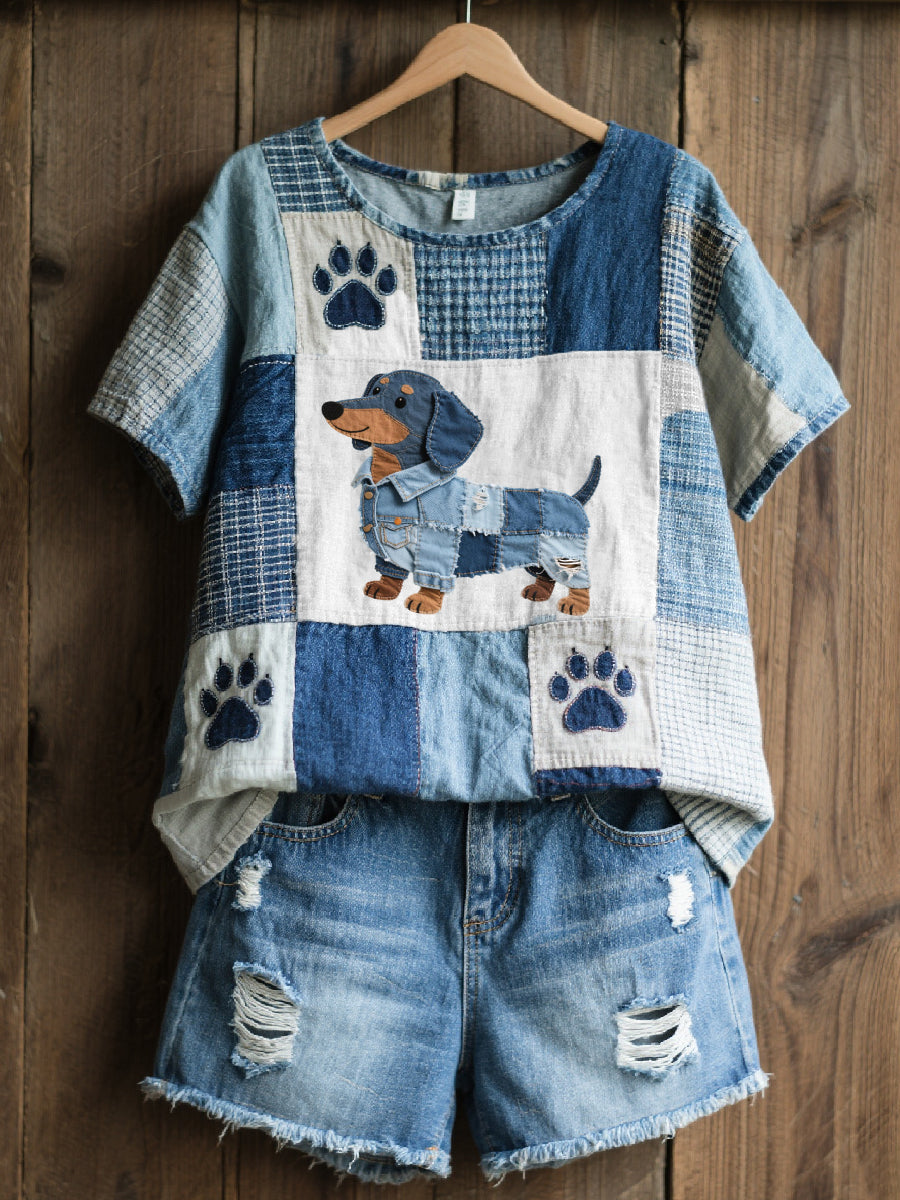 Damen schöne Dackel Muster Patchwork Kunst Top