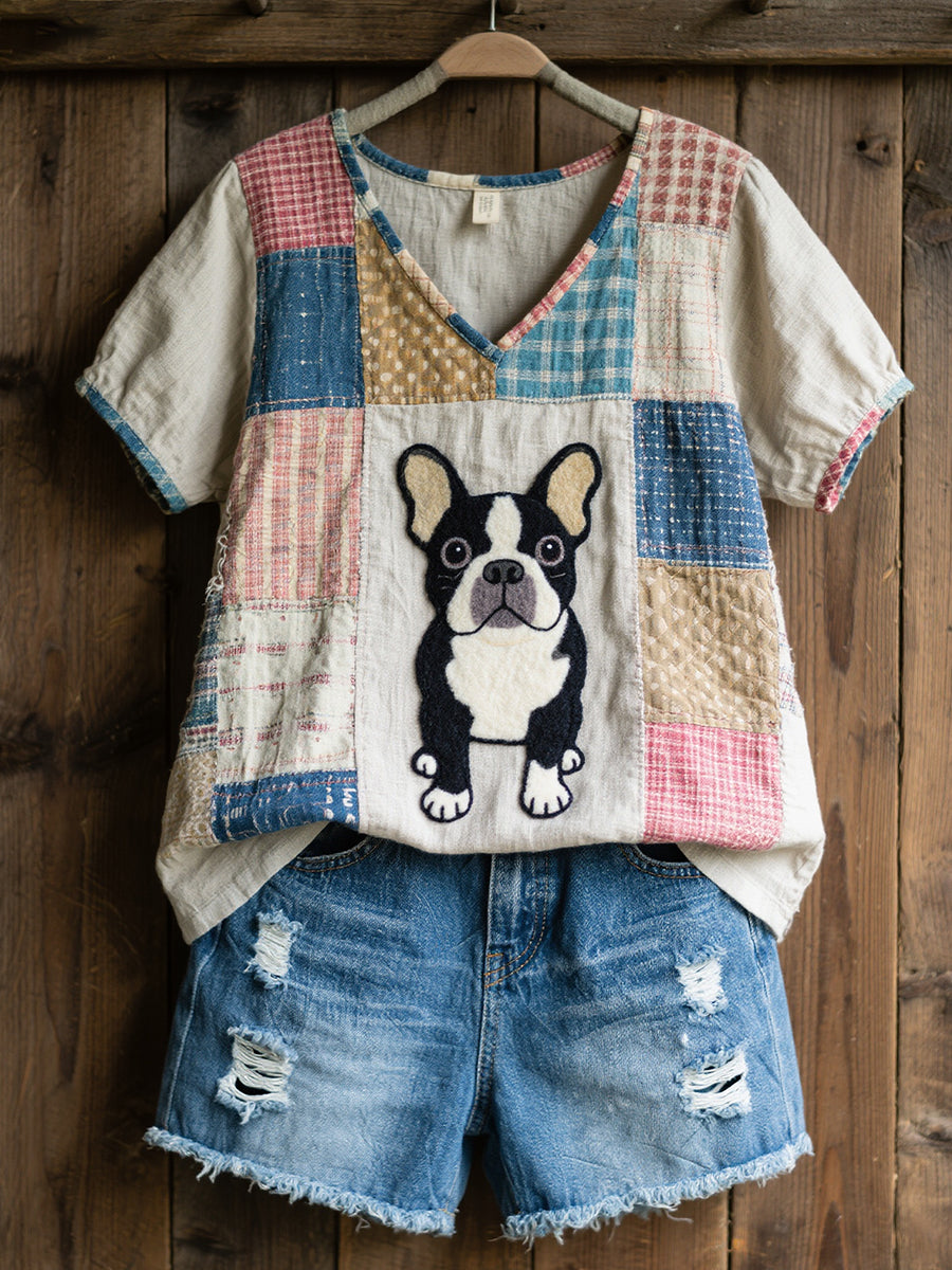 Frauen schöne französische Bulldogge Muster Patchwork Kunst V-Ausschnitt Top