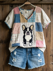 Frauen schöne französische Bulldogge Muster Patchwork Kunst V-Ausschnitt Top