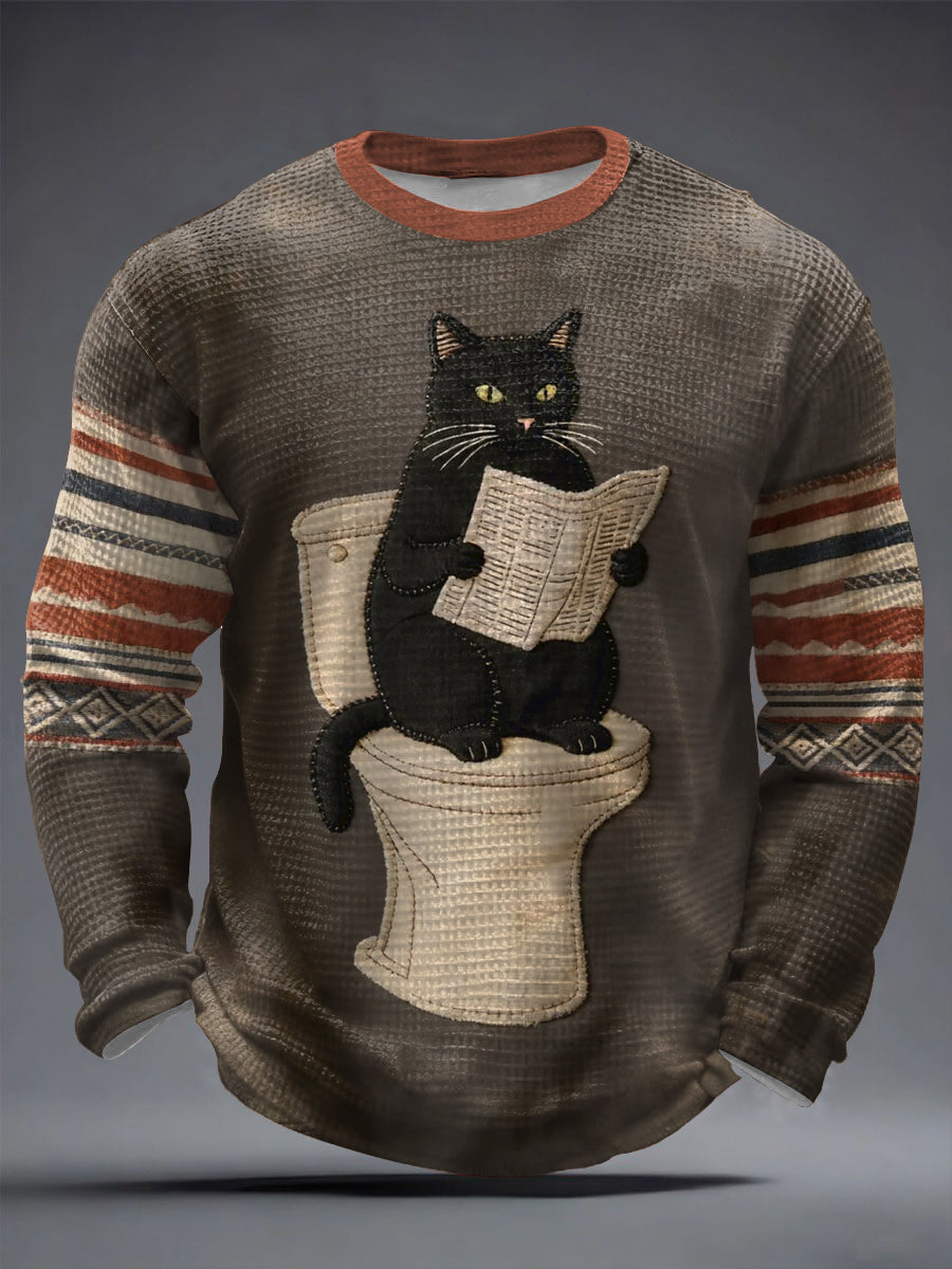 Herren lustige Katzen-Toiletten muster bedrucken Lässiges Waffel-Langarm-T-Shirt