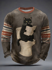 Herren lustige Katzen-Toiletten muster bedrucken Lässiges Waffel-Langarm-T-Shirt