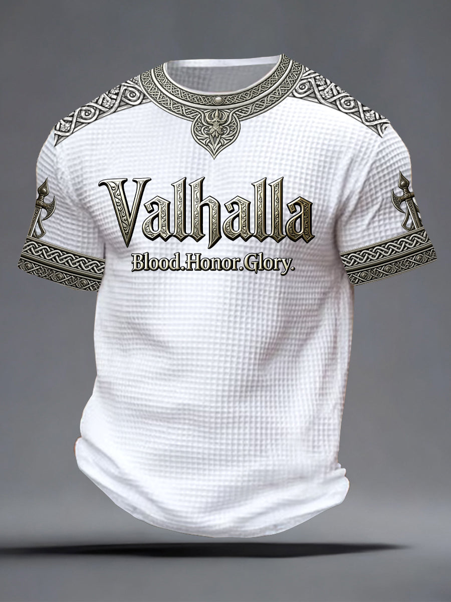 Herren-T-Shirt im schwedischen Wikingerstil mit Valhalla-Print, Waffelstruktur
