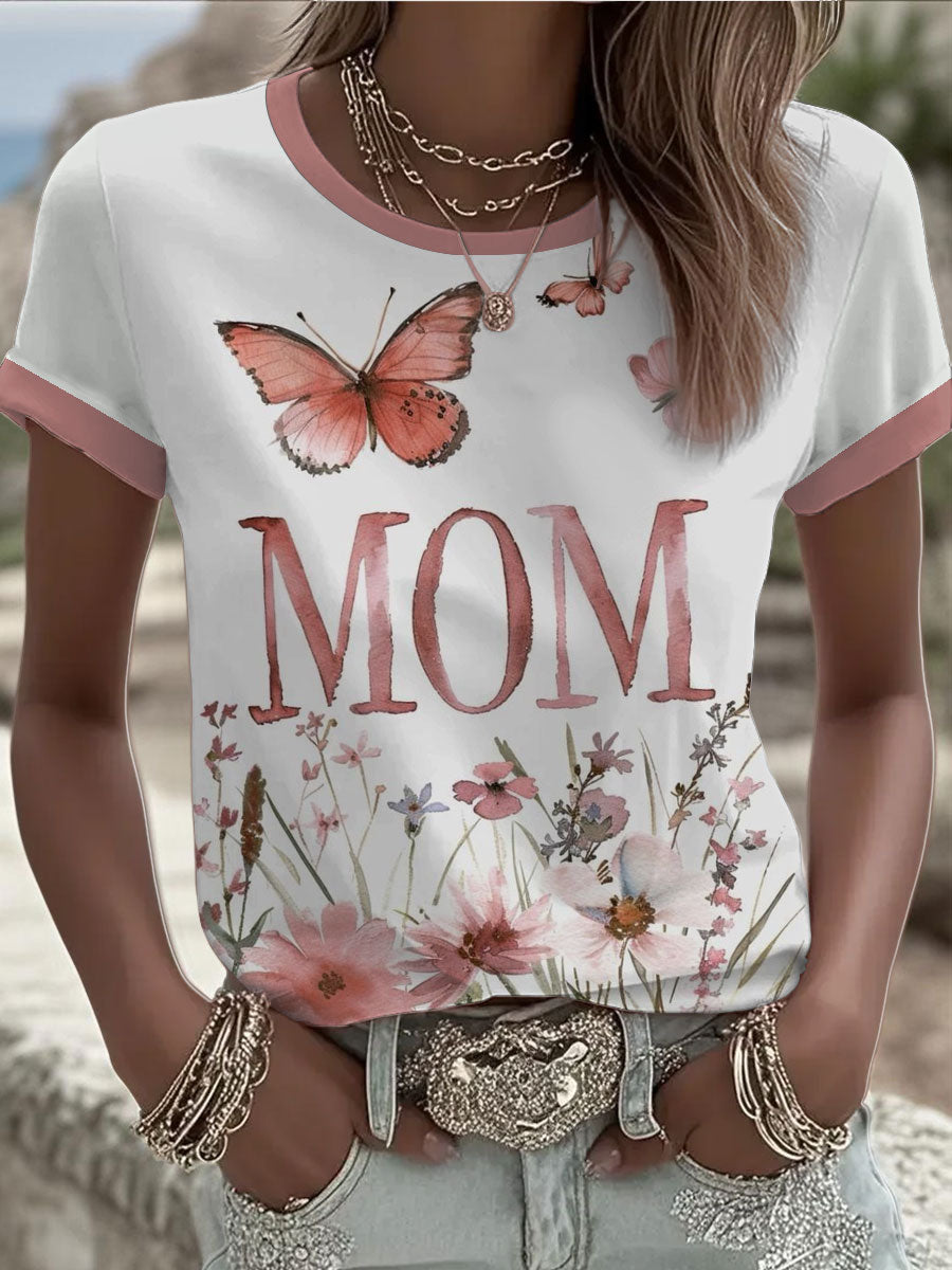 Damen personalisiertes MOM-Print T-Shirt mit kurzen Ärmeln