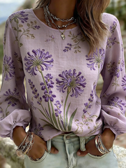 Damen-Oberteil aus Baumwolle und Leinen mit Pflanzen- und Blumenmuster