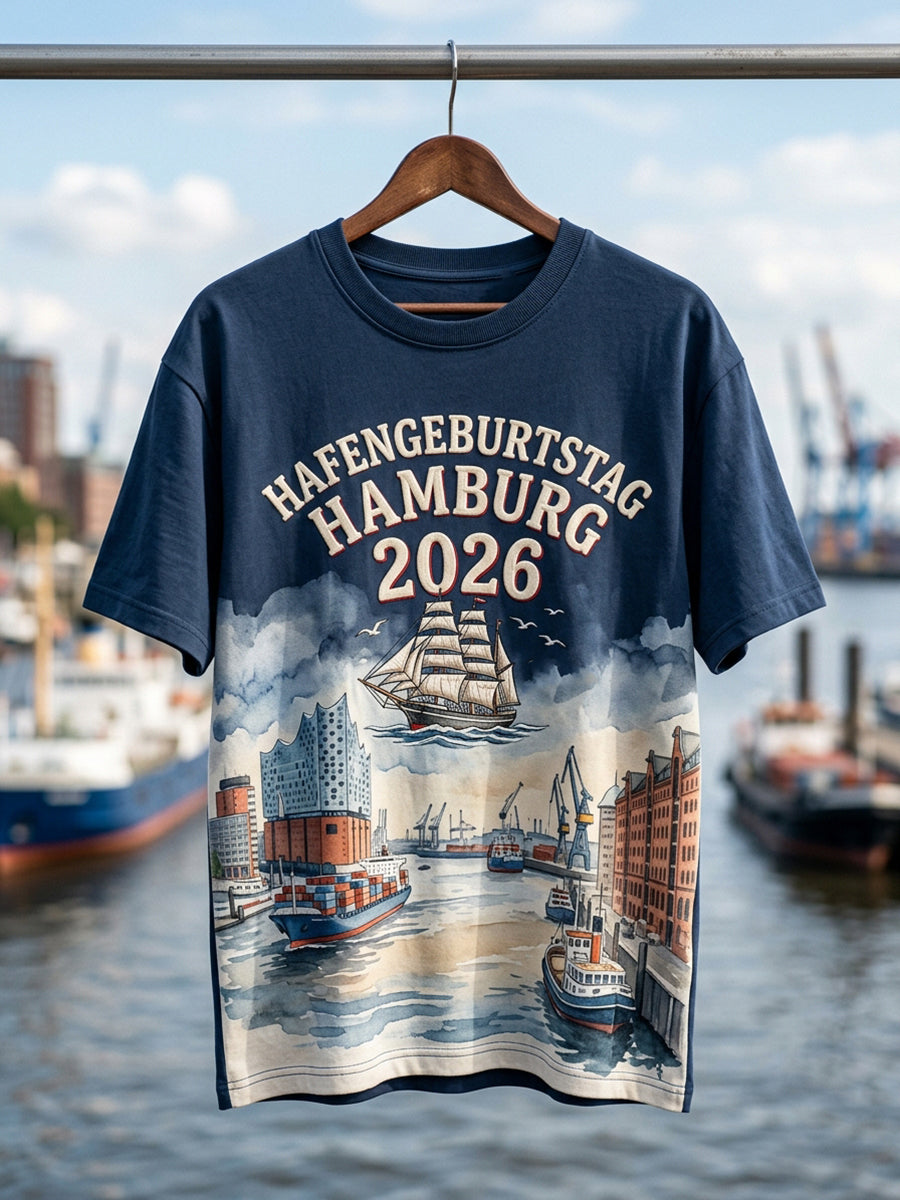 Herren-Hafengeburtstag-Print-T-Shirt mit kurzen Ärmeln