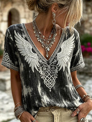 Damen-Vintage-T-Shirt aus gefärbtem Leinen mit Flügelmotiv, Wikinger- und keltischem Knotenmuster