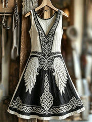 Damenkleid mit Wikingerflügeln und keltischem Knotenmuster, Kontrastfarben und V-Ausschnitt