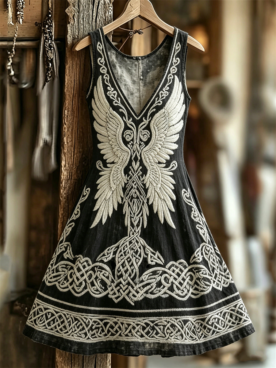 Damenkleid im Vintage-Stil mit Flügelmotiv, keltischem Knotenmuster und V-Ausschnitt
