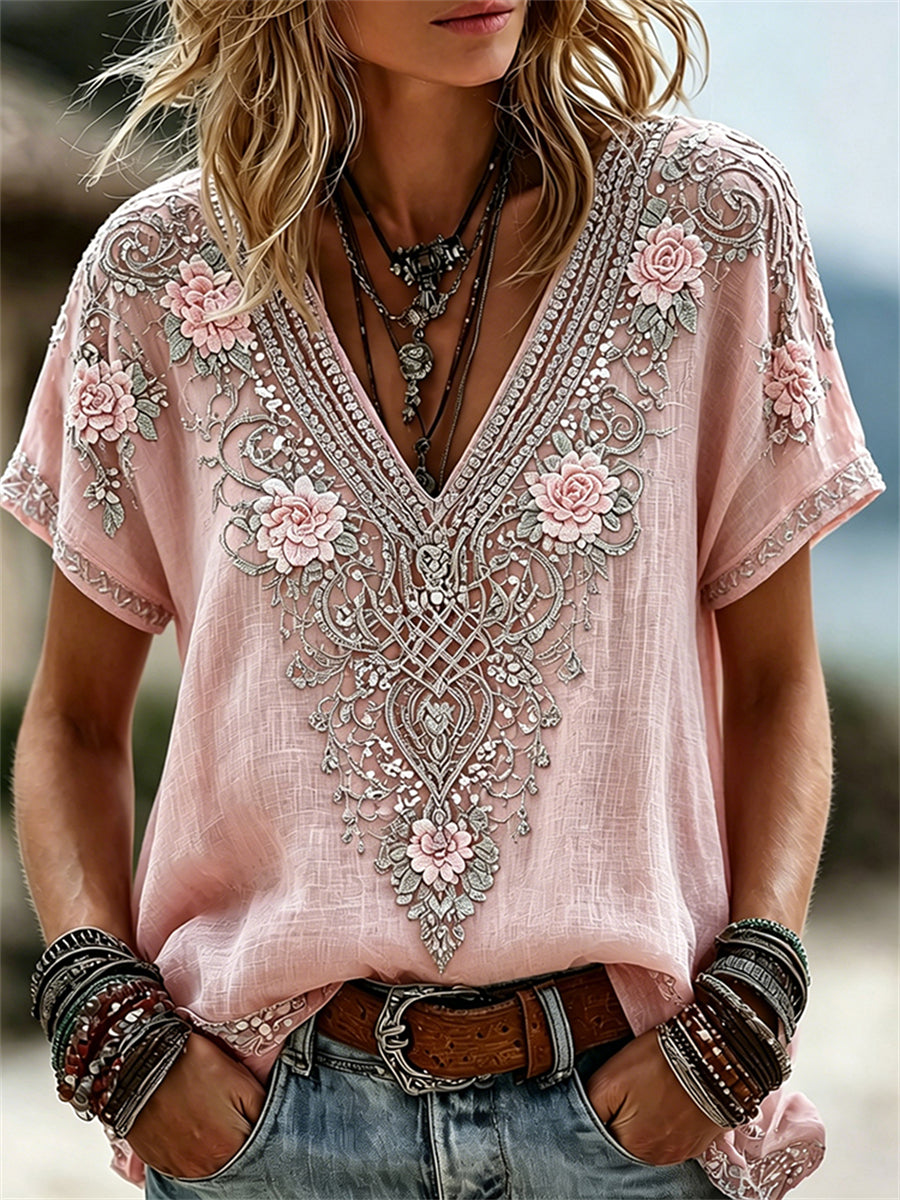 Damen-Viking‑Keltischer‑Knoten‑Boho‑Blumenprint‑Leinen‑T‑Shirt mit kurzen Ärmeln