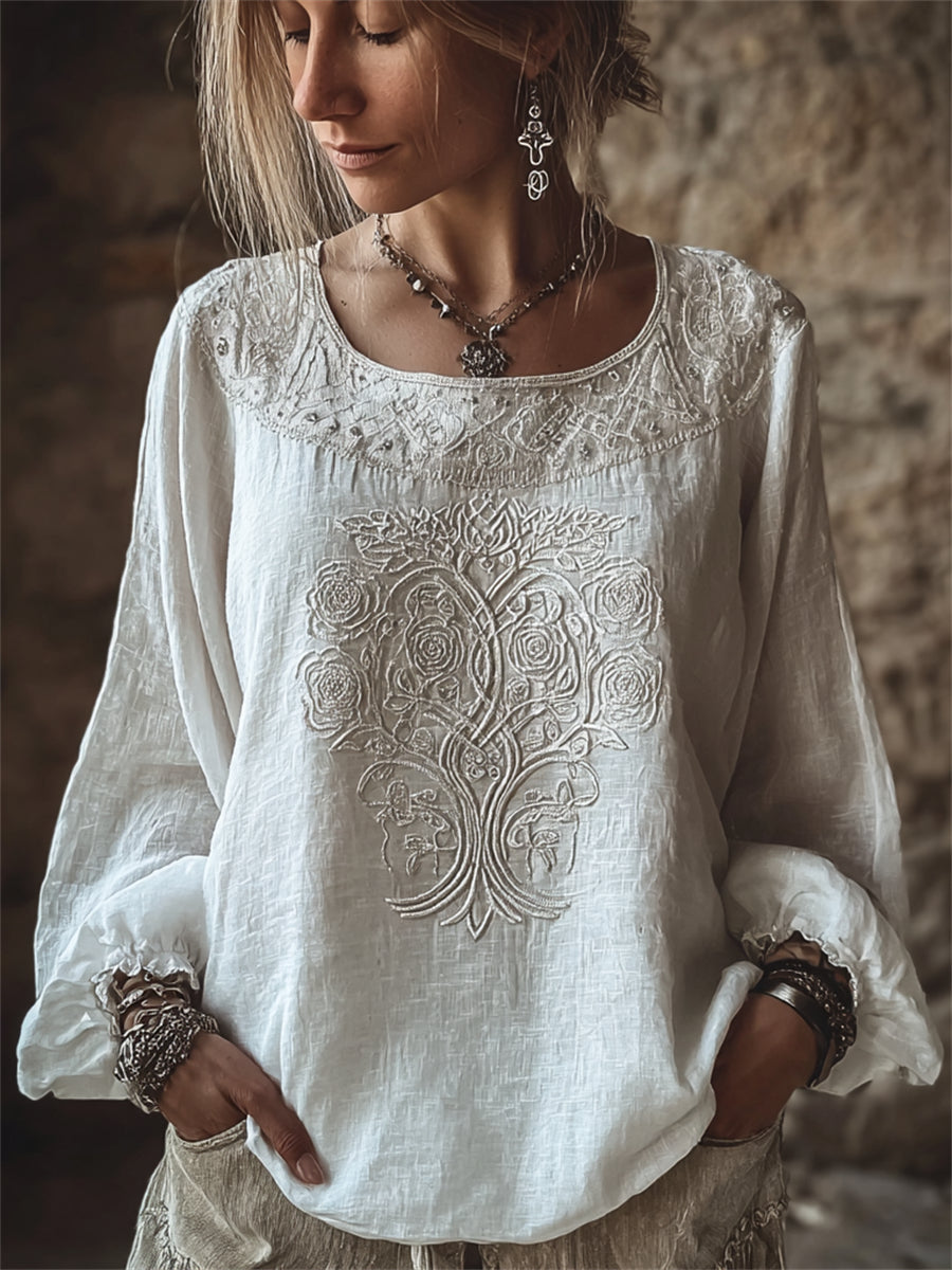 Frauen noble weiße Rosen Viking Tree of Life Print Baumwoll-Leinen hemd