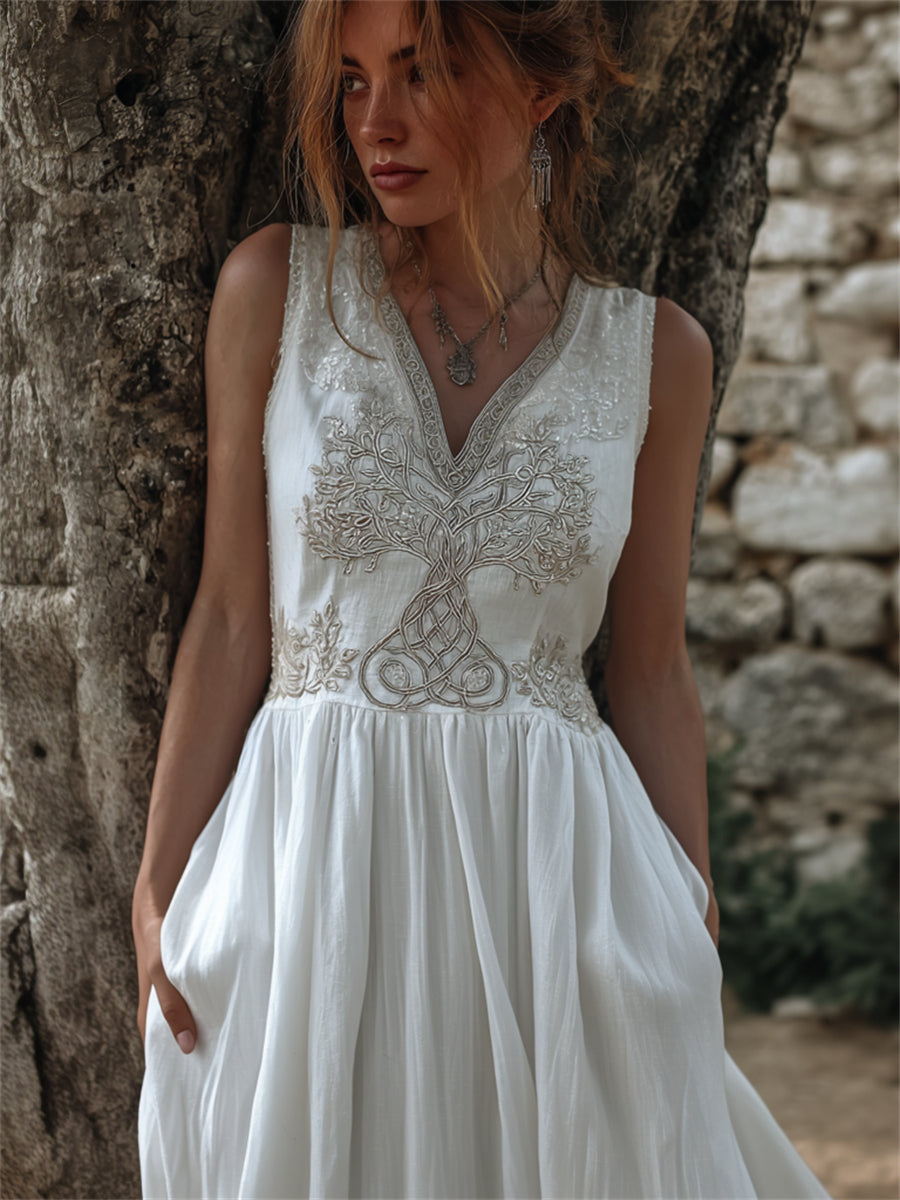 Damen-Vintage-Wikinger-Lebensbaum-Keltisches-Knotenmuster-Plissee-Maxikleid