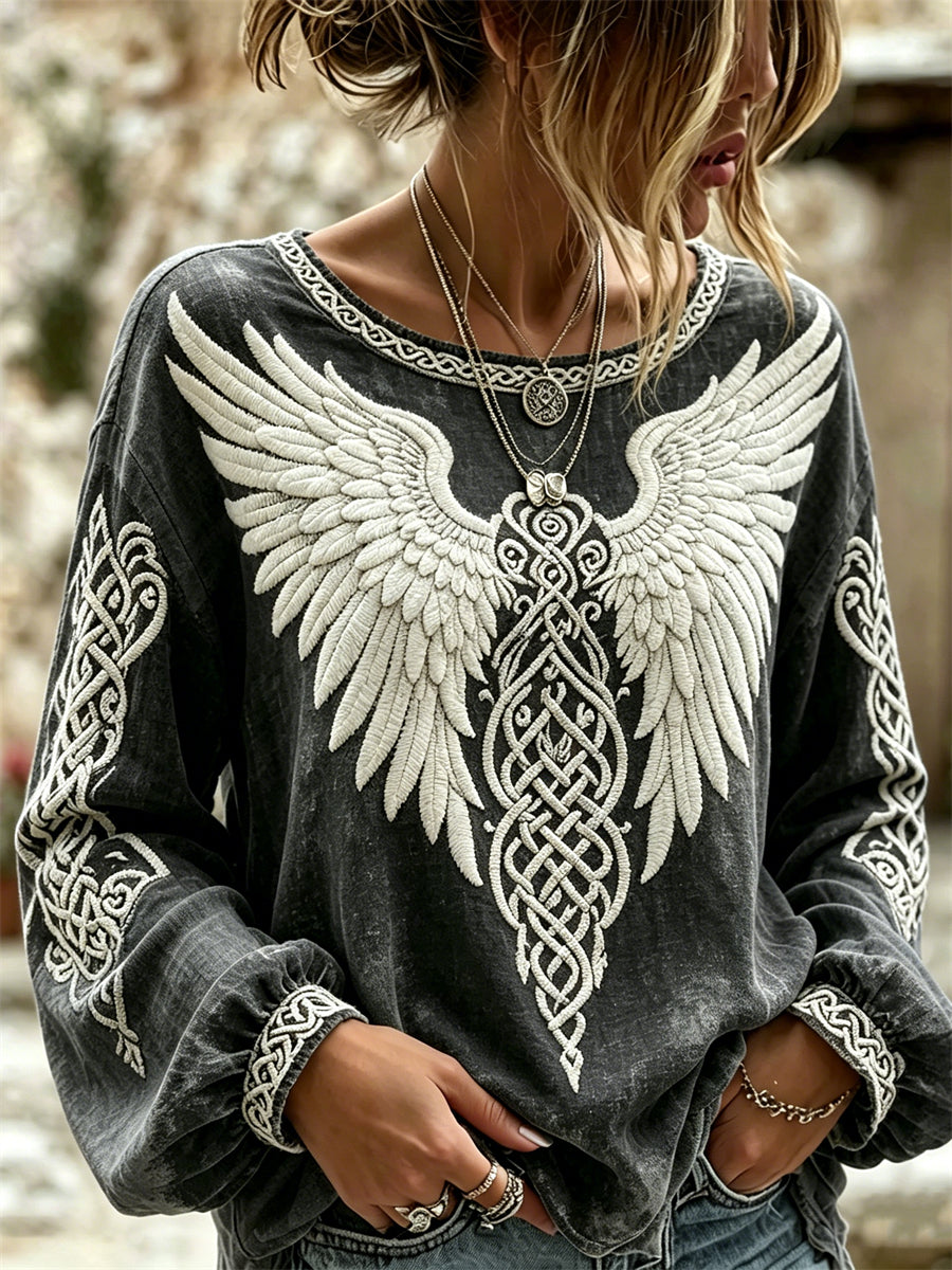 Frauen Viking Wings Keltischer Knoten Print Baumwoll-Leinen hemd