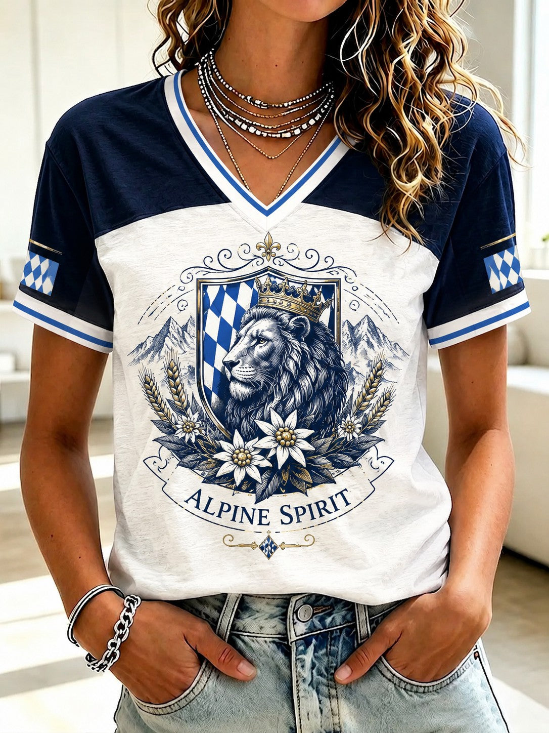 Damen-T-Shirt mit deutschem bayerischen Löwen-Print und V-Ausschnitt