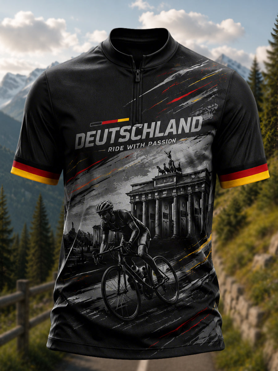 Herren-Radsporttrikot aus Deutschland mit halbem Reißverschluss und kurzen Ärmeln