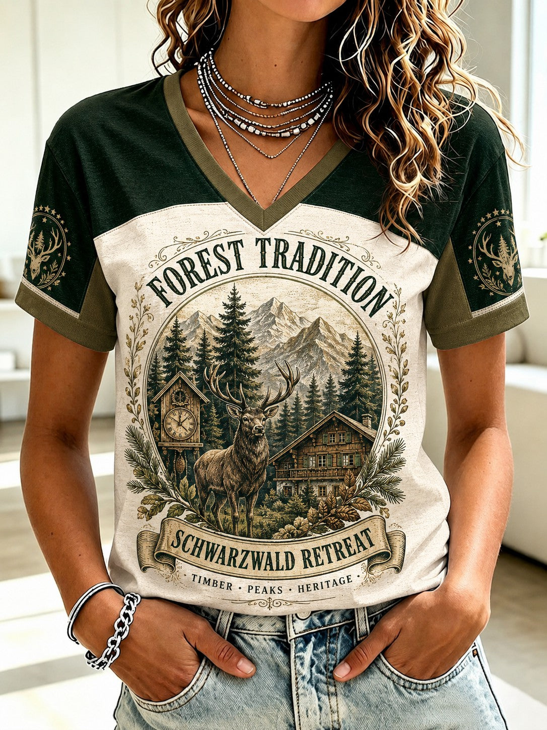 Damen-T-Shirt aus Deutschland im Schwarzwald-Stil mit V-Ausschnitt und Vintage-Print