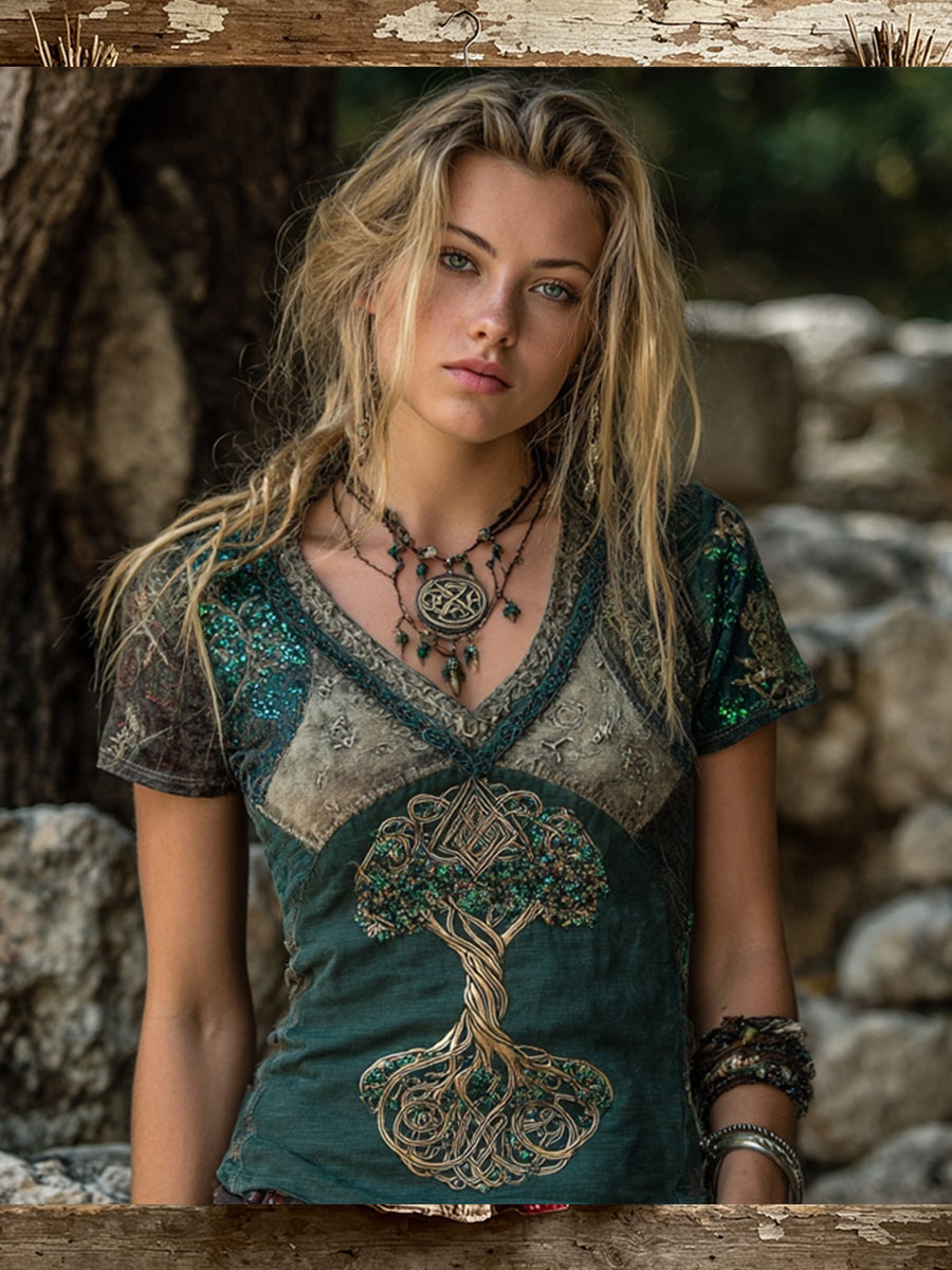 Damen-Vintage-T-Shirt mit Wikinger-Lebensbaum und keltischem Muster, kurzärmelig