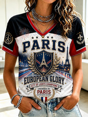T-shirt col V imprimé pour femme Championnat de France de Football Paris