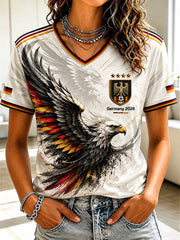 Damen-T-Shirt mit V-Ausschnitt und Fußball-Print, Deutschland