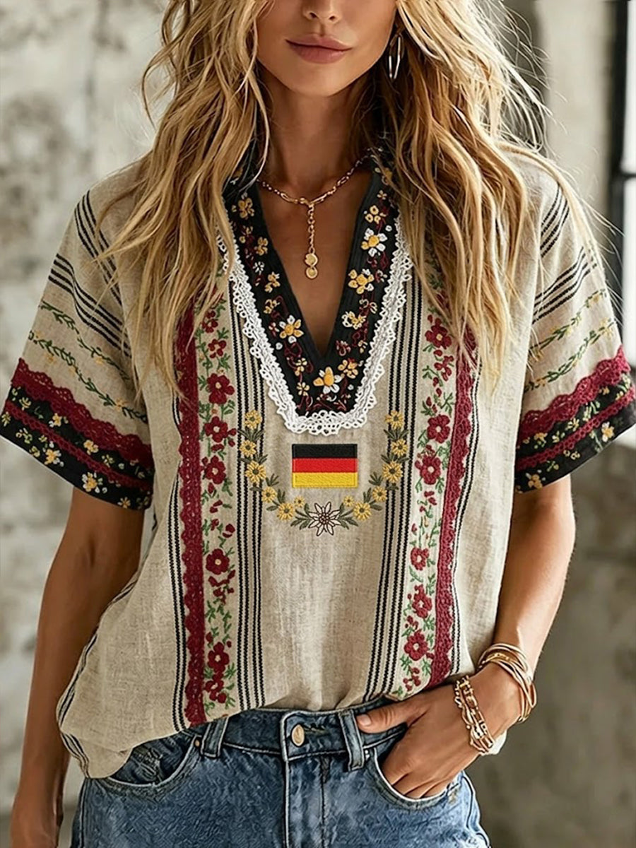 Damen-Boho-T-Shirt mit deutschem Blumenmuster, mittellange Ärmel und V-Ausschnitt