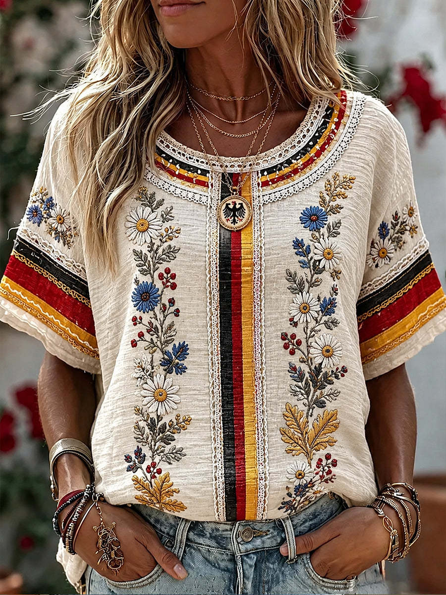 Damen Boho T-Shirt mit deutschem Blumen druck