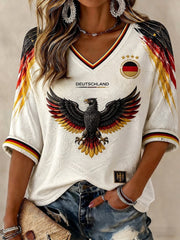 Damen-Fußball-T-Shirt aus Deutschland mit Druck, mittellangen Ärmeln und V-Ausschnitt